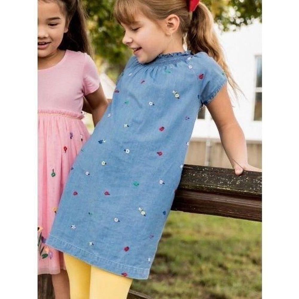 Hanna Andersson •  Embroidered Blue Floral‎ Smocked Neck Dress Girls Sz 10